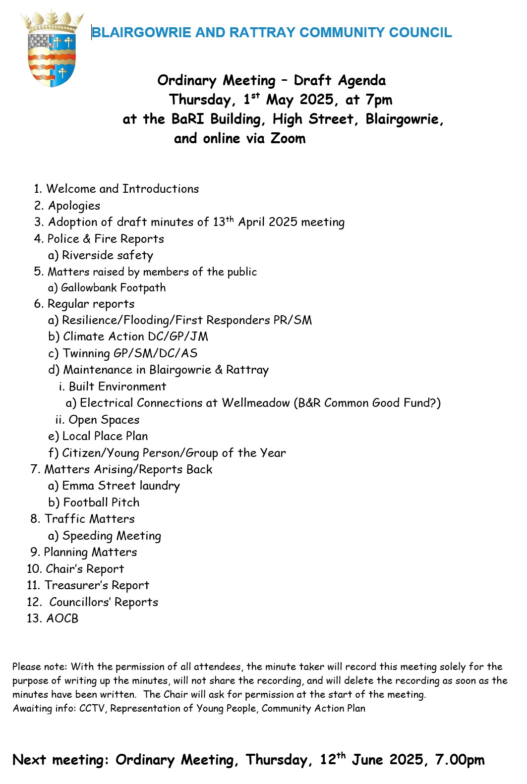 BRCC Meeting Agenda